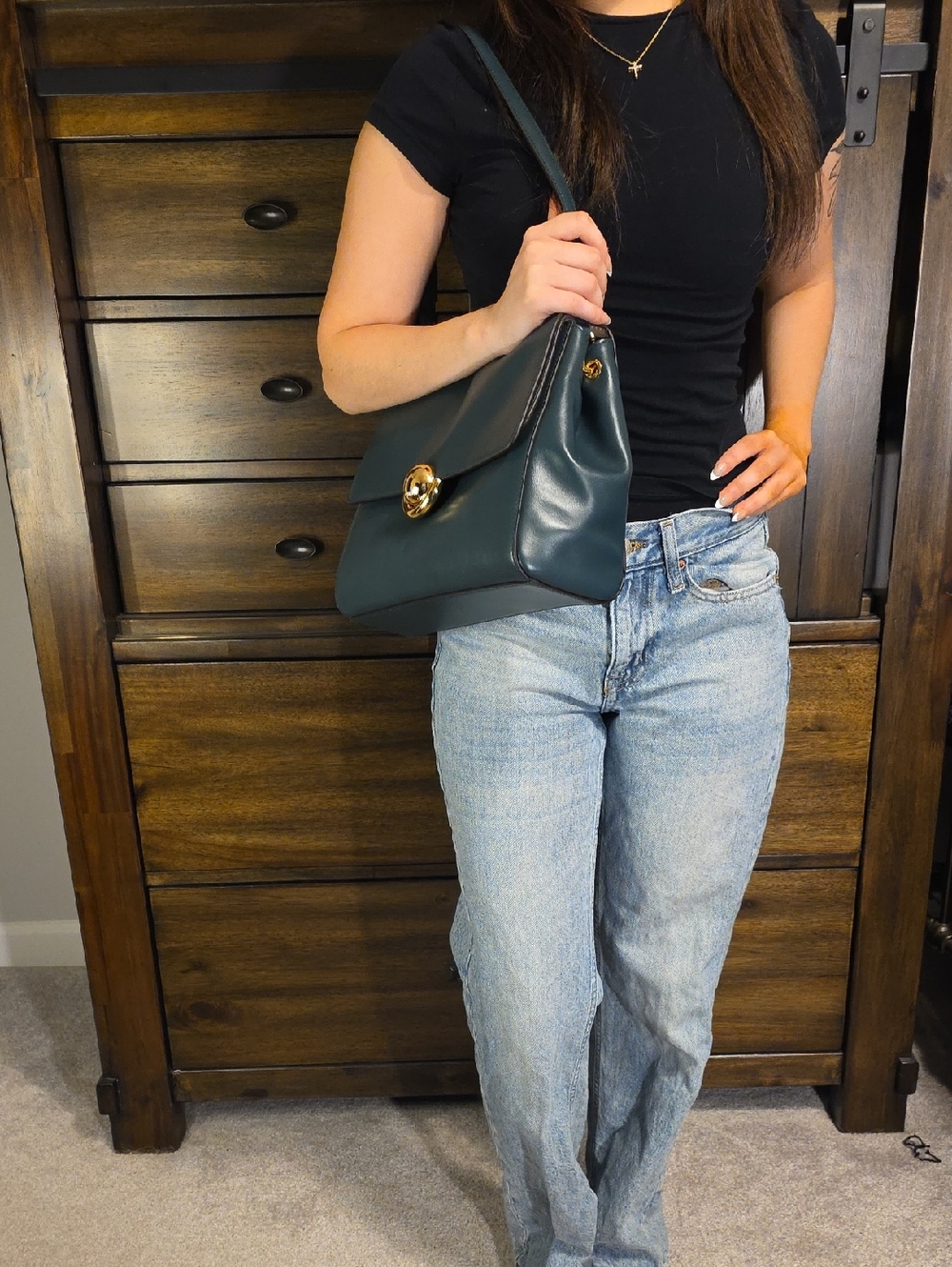 Furla Dark Green Leather Shoulder Bag with Gold Closure - Picture 8 of 9